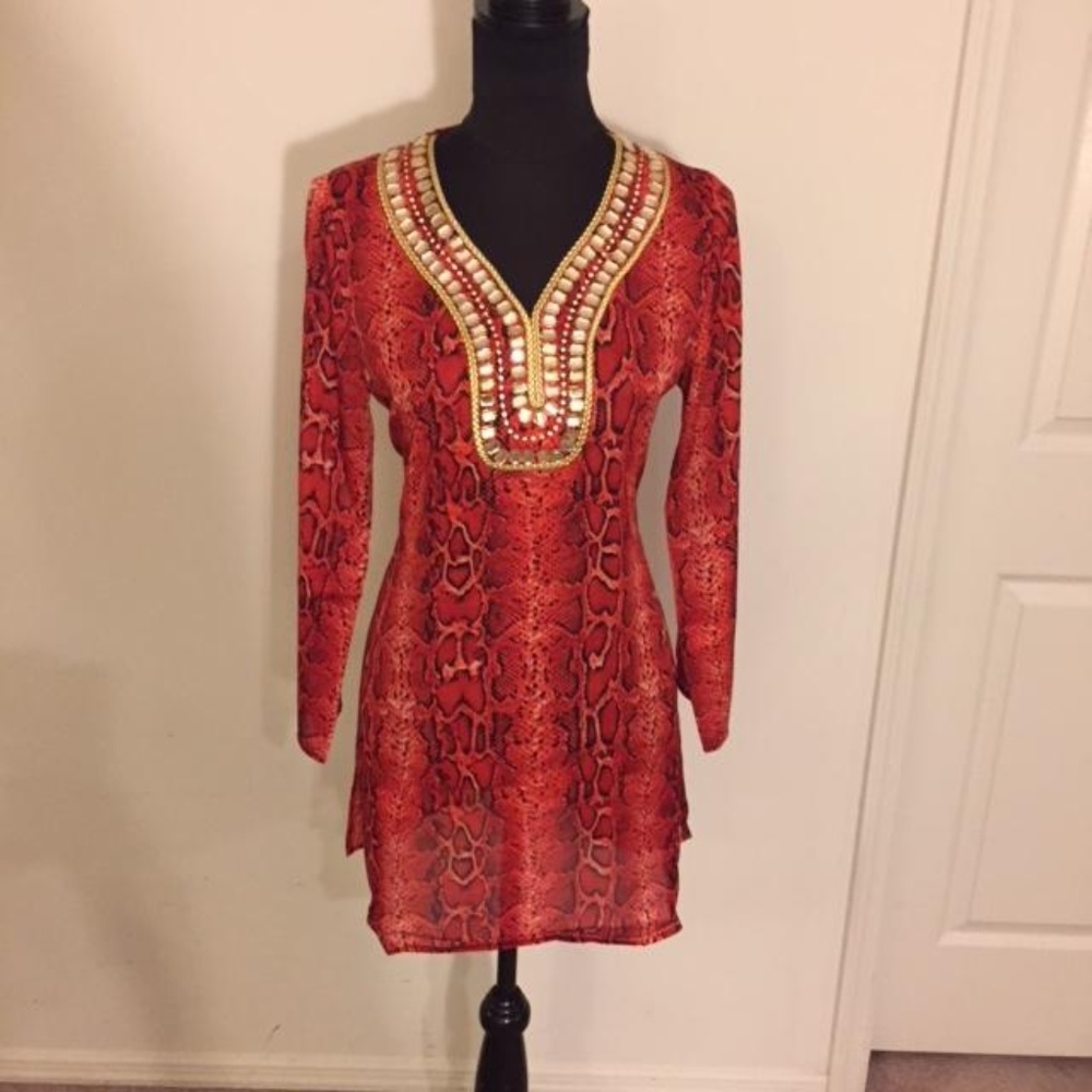 IMAN Orange & Black Jeweled V-Neckline w/Gold Piping Tunic Top Blouse SMALL NWT